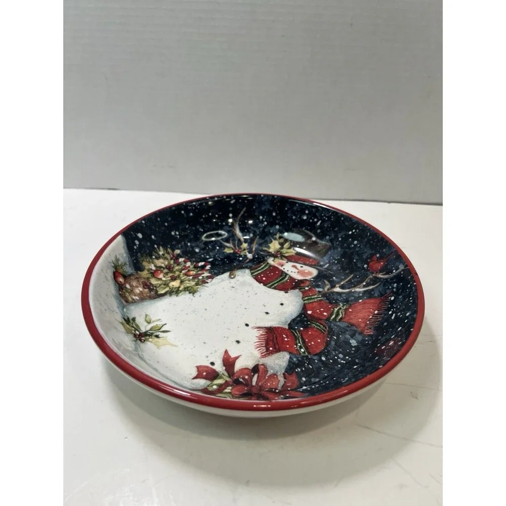 Certified Intl Susan Winget Xmas Blue Background Snowman 9” Pasta Serving Bowl